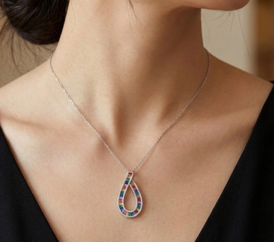 Sterling Silver Multi Color Teardrop Shape Necklace