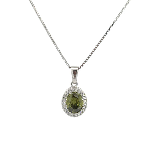 Sterling Silver Necklace With Oval Cut Peridot And Round Cubic Zirconia