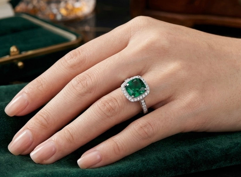 Sterling Silver Cushion Cut Halo Emerald Ring