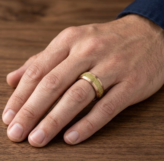 The Solstice Matrix: Rose Gold Tungsten Band with Textured Gold Meteorite Inlay
