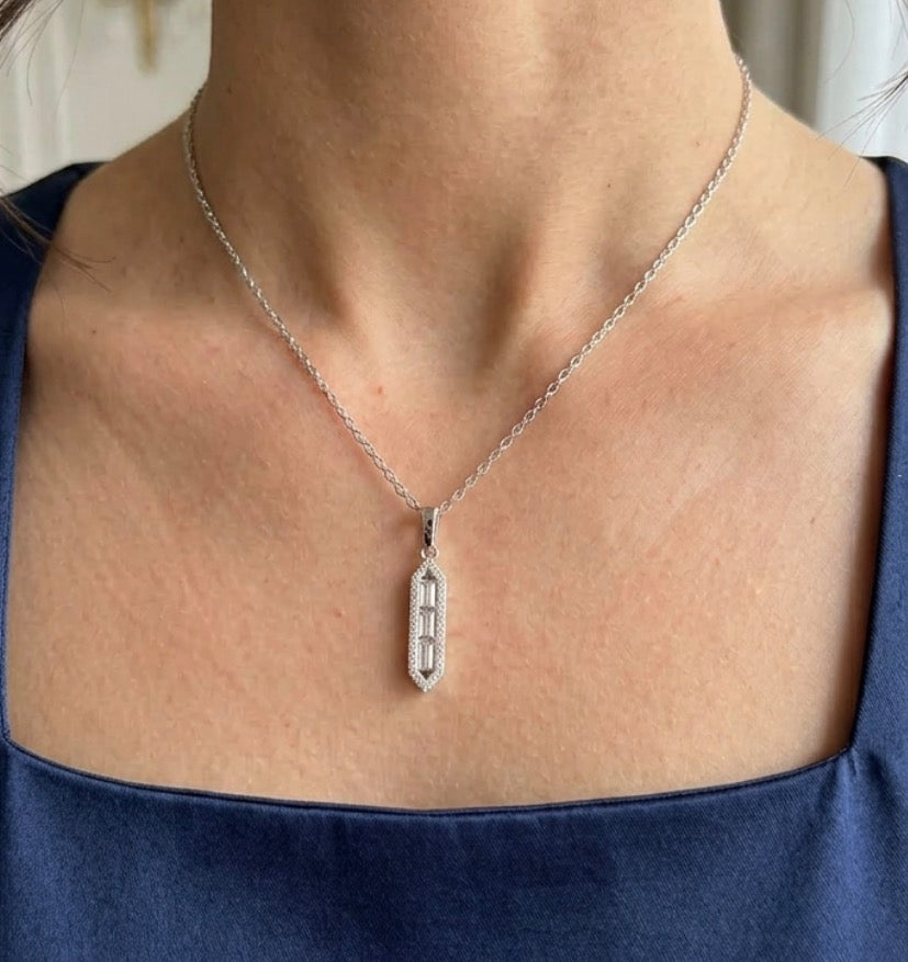 Sterling Silver Silver Baguette Trio Necklace