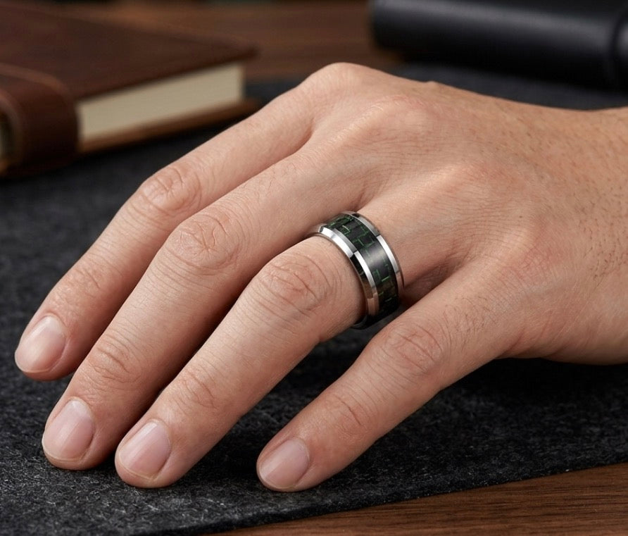 The Apex Matrix: 8mm Silver Tungsten Band with Green Carbon Fiber Inlay