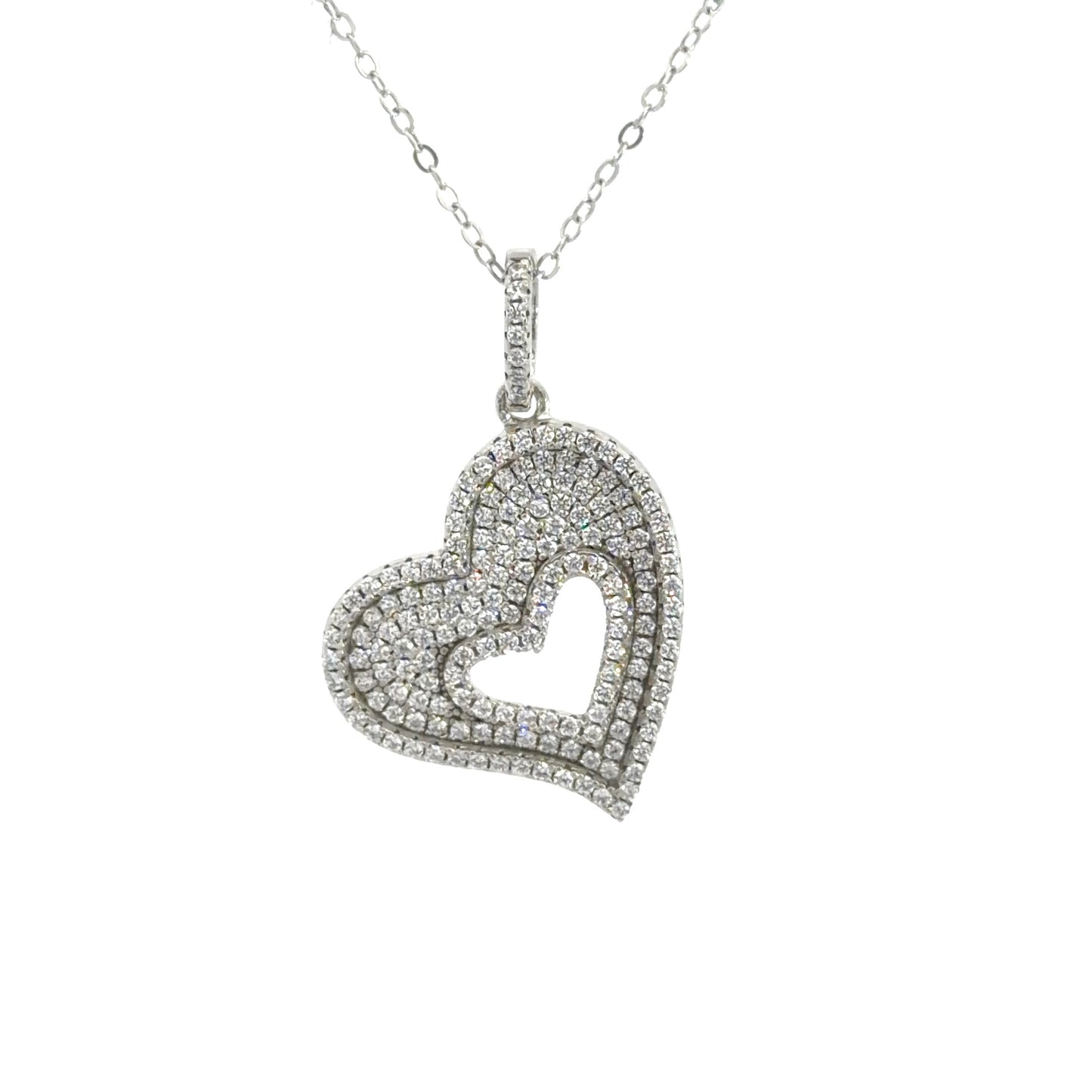 Sterling Silver Open Heart Pave setting Cubic Zirconia Necklace