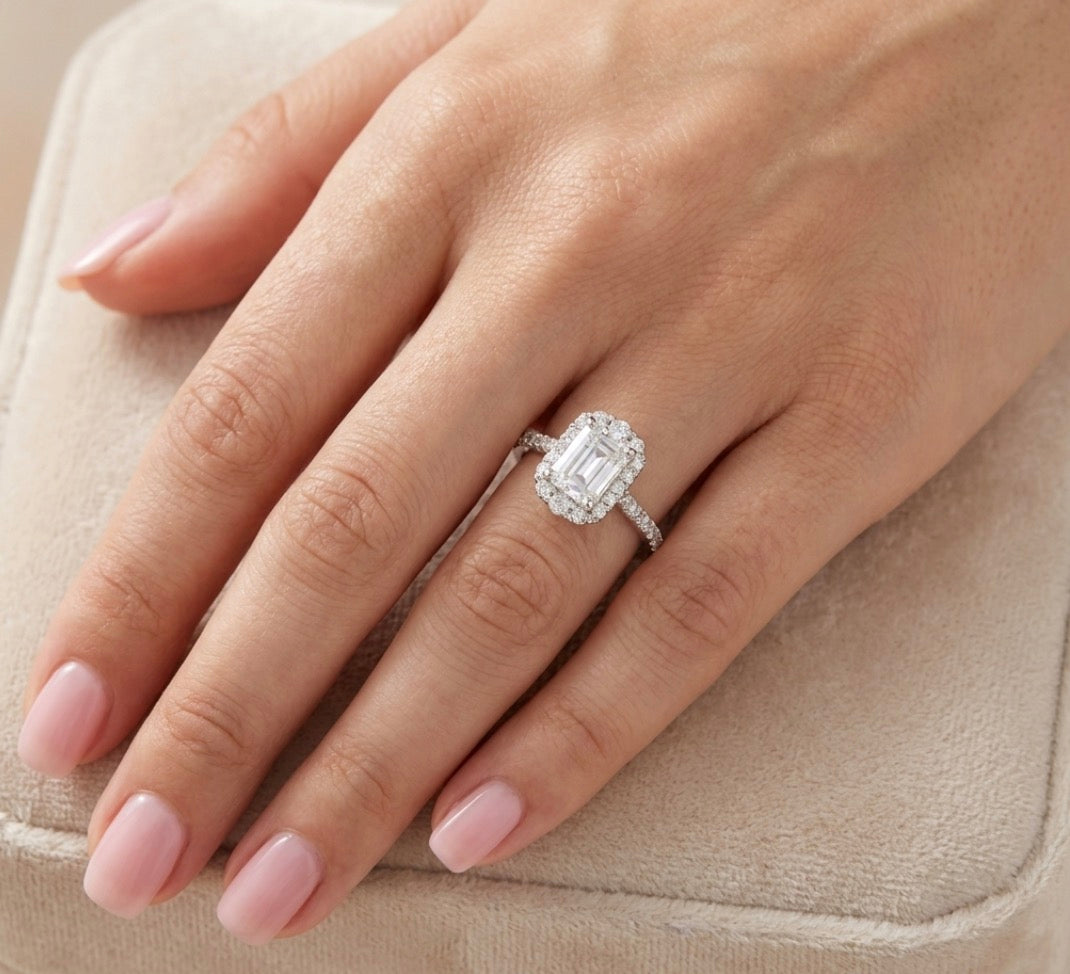 Sterling Silver Emerald cut Halo Ring
