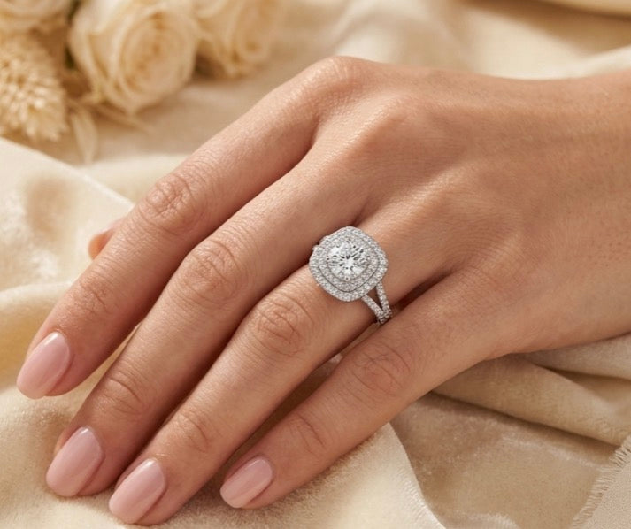 Sterling Silver Double Halo Pave Ring