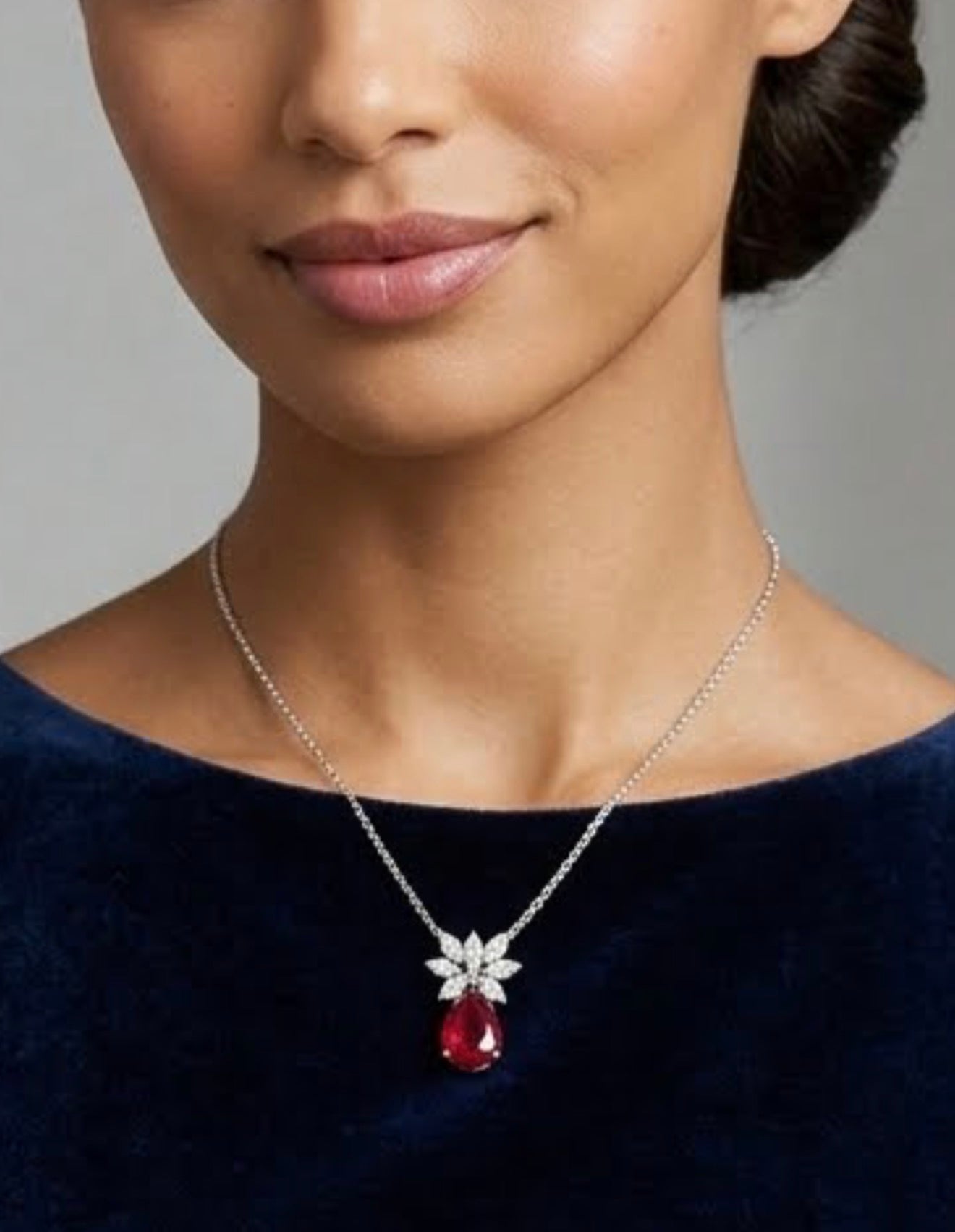Sterling Silver Cubic Zirconia Pear Shape Floral Ruby Inspired Necklace
