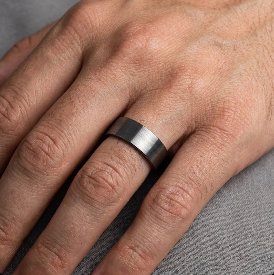 The Obsidian Pipe-Cut: 8mm Brushed Charcoal Tungsten Band