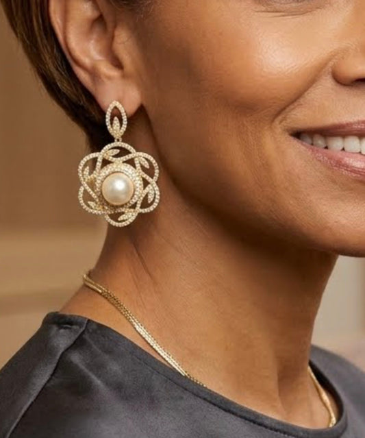 Gold Plated Floral Design Pearl Earrings