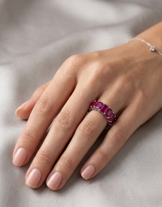 Sterling Silver Emerald-cut Ruby Eternity Ladies Band