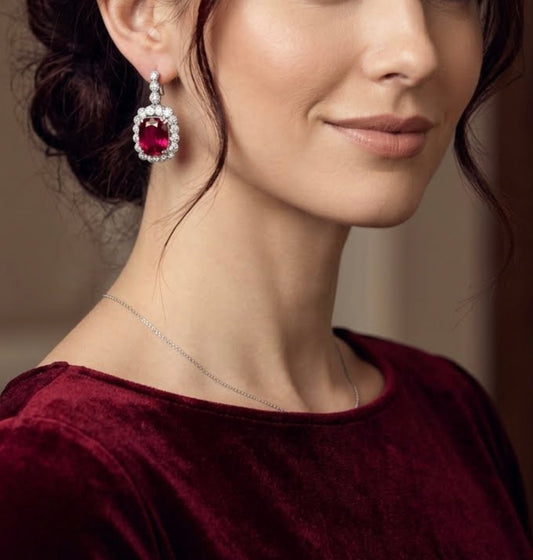 Checkerboard Cut Ruby Cubic Zirconia Earrings