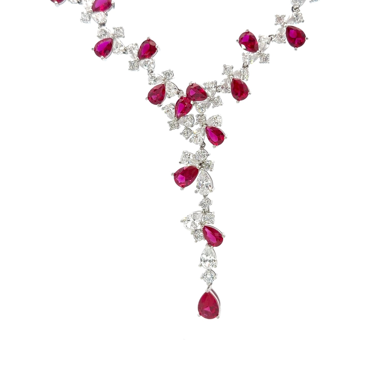 Sterling Silver Radiant Pear Shape Ruby and Clear Cubic Zirconia Necklace