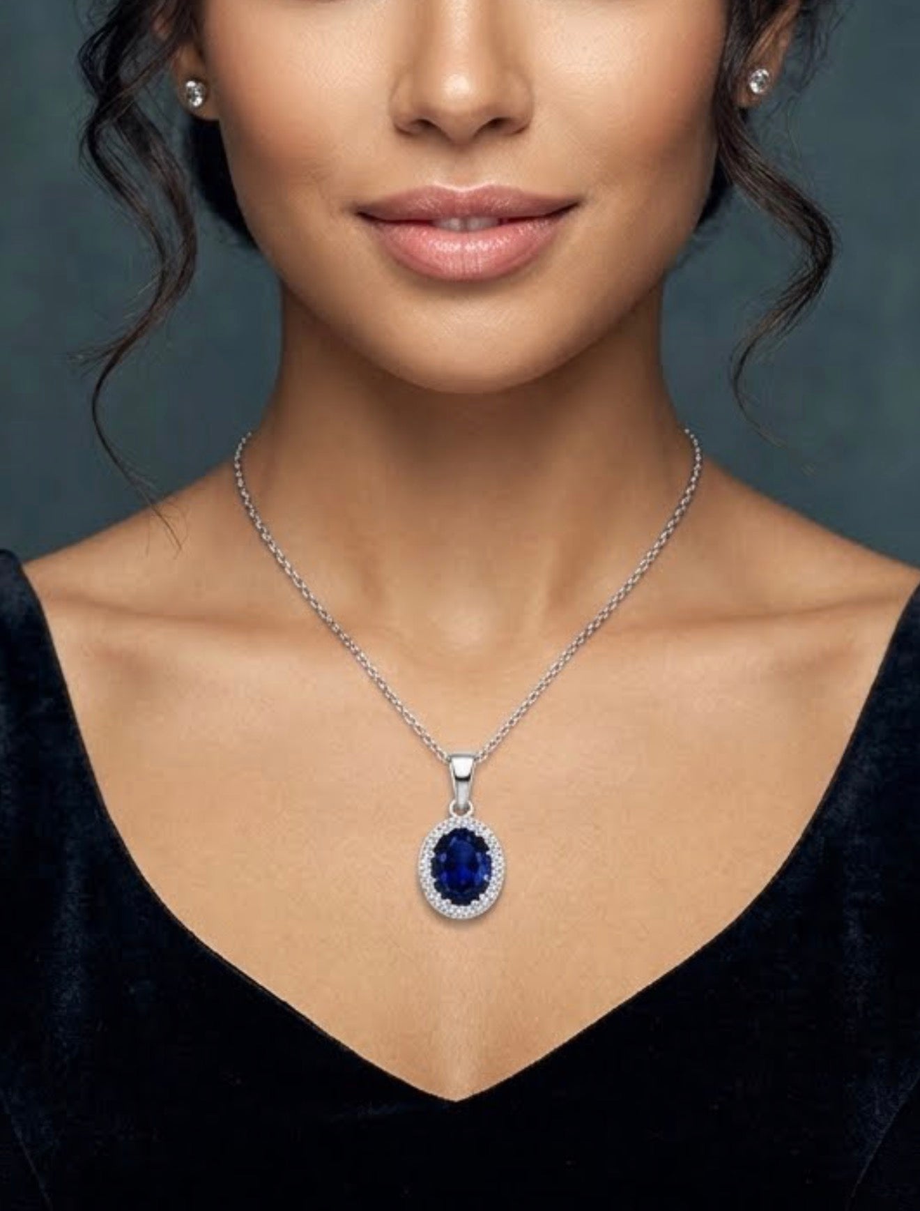 Sterling Silver Oval-Cut Sapphire Cubic Zirconia Necklace