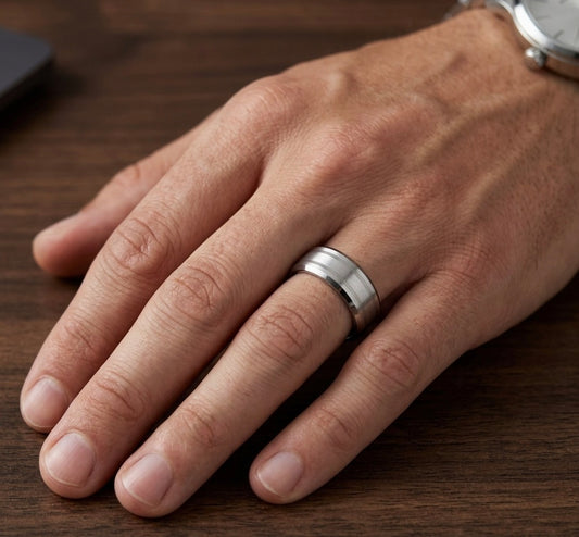 The Meridian: Silver Triple-Brushed Tungsten Band with Dual Polished Grooves