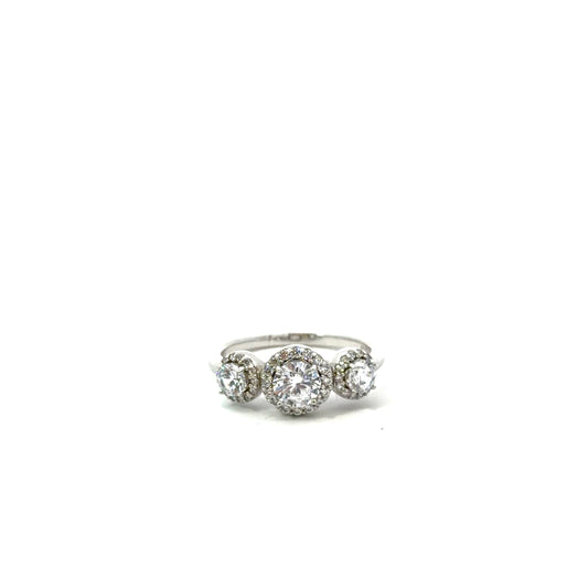 Sterling Silver Three Stone Halo Ring