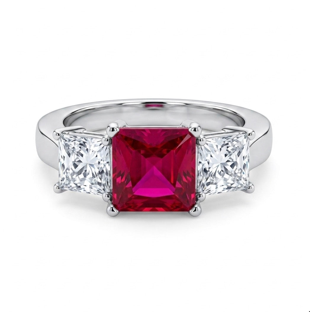 Sterling Silver 3-Stone Princess cut Ruby Cubic Zirconia Ring