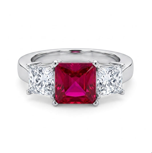 Sterling Silver 3-Stone Princess cut Ruby Cubic Zirconia Ring