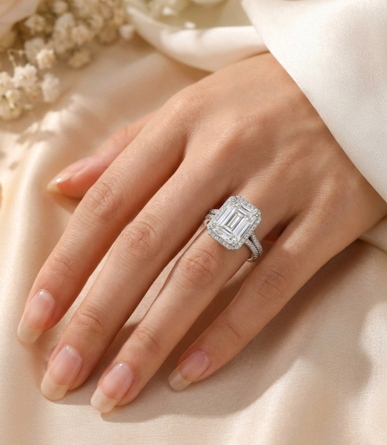Sterling Silver Emerald Cut Halo Ring