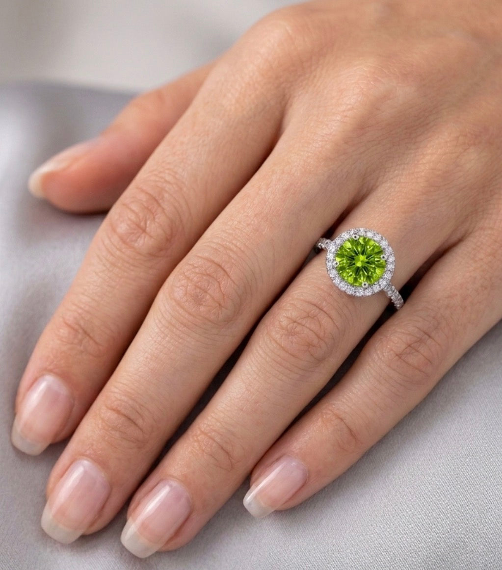 Sterling Silver Round-cut Peridot Halo Ring