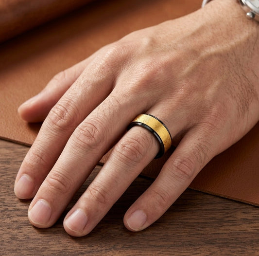 The Midas Eclipse: Black Tungsten Band with Textured Cross-Hatch Gold Inlay