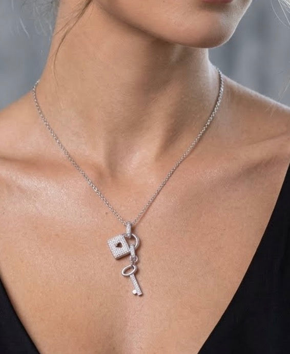 Sterling Silver Lock & Key Pave Setting Cubic Zirconia Necklace
