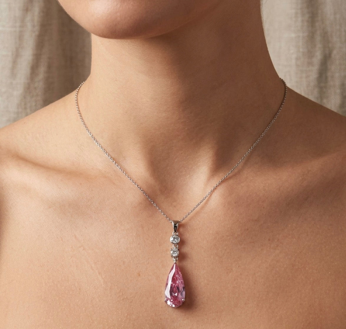 Sterling Silver Pink Cubic Zirconia Teardrop Necklace