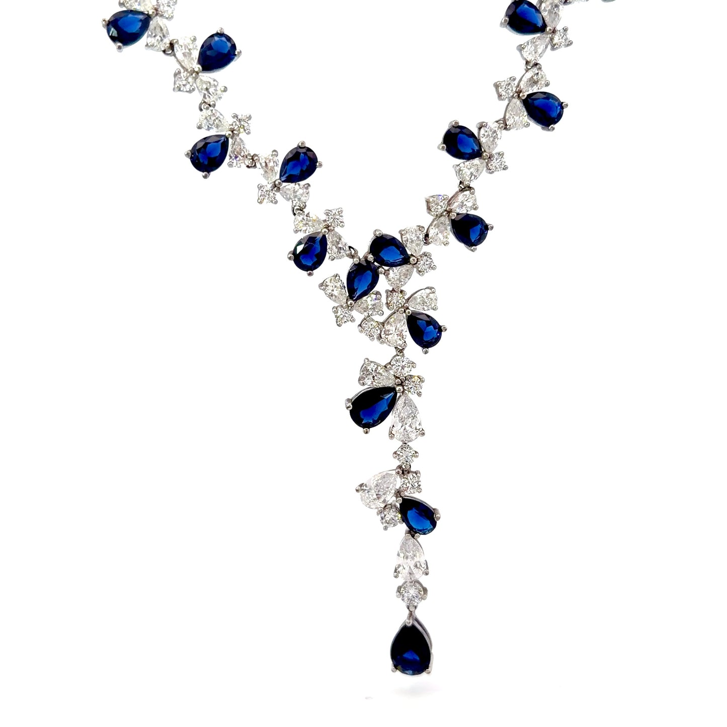 Sterling Silver Radiant Necklace With Pear Shape Sapphire And Round Cubic Zirconia Stones