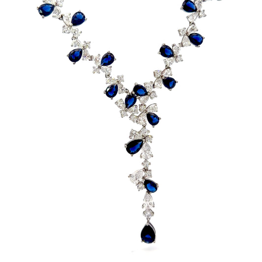 Sterling Silver Radiant Necklace With Pear Shape Sapphire And Round Cubic Zirconia Stones