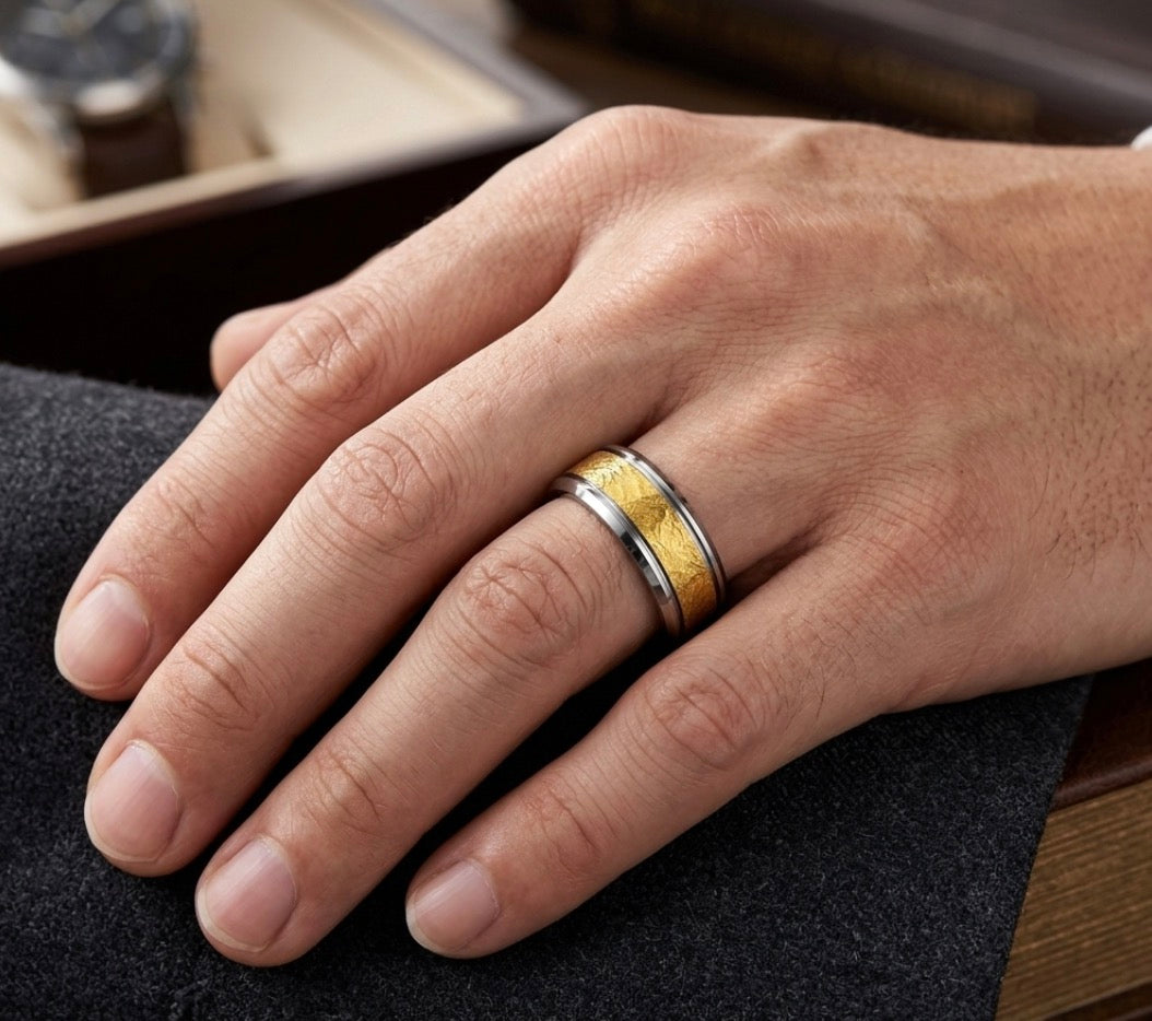 The Forge: 8mm Black Tungsten Band with Textured Gold Inlay