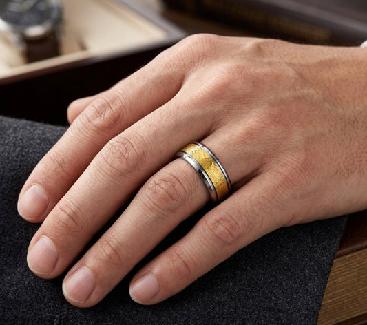 The Forge: 8mm Black Tungsten Band with Textured Gold Inlay