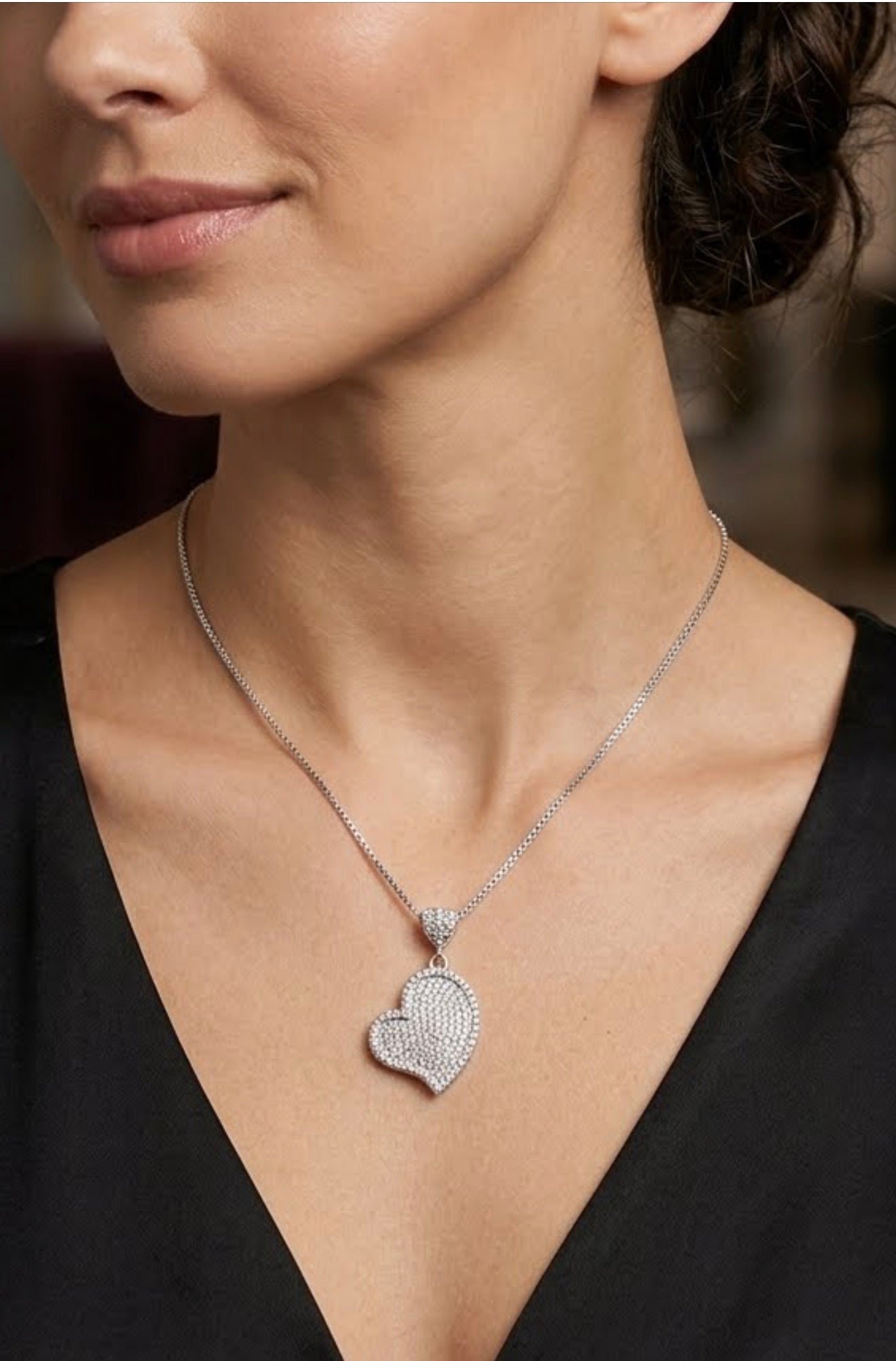 Sterling Silver Cubic Zirconia Pave Set Heart Necklace