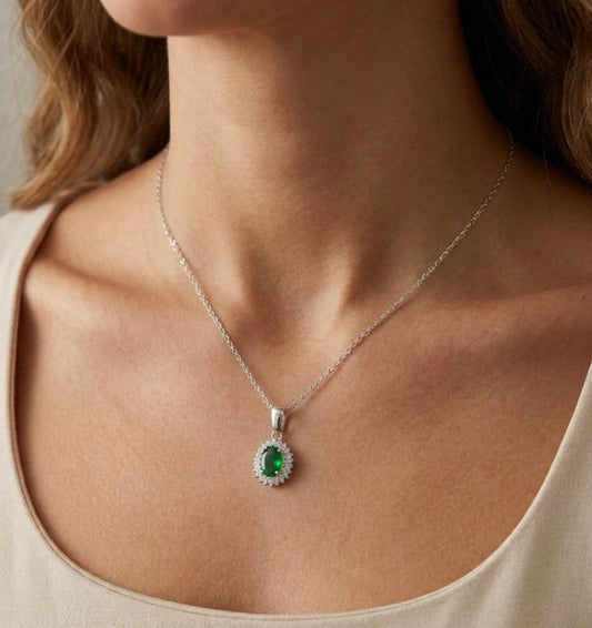 Sterling Silver Oval  Emerald Necklace