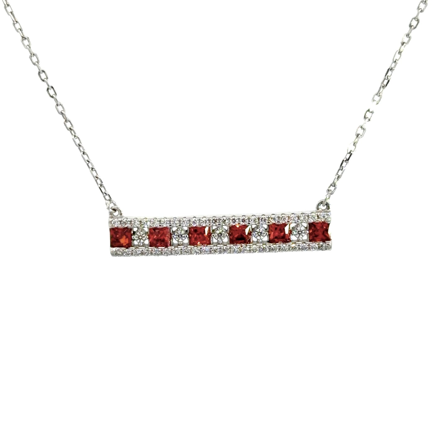Sterling Silver Cubic Zirconia Princess Cut Ruby Red Horizontal Bar Necklace