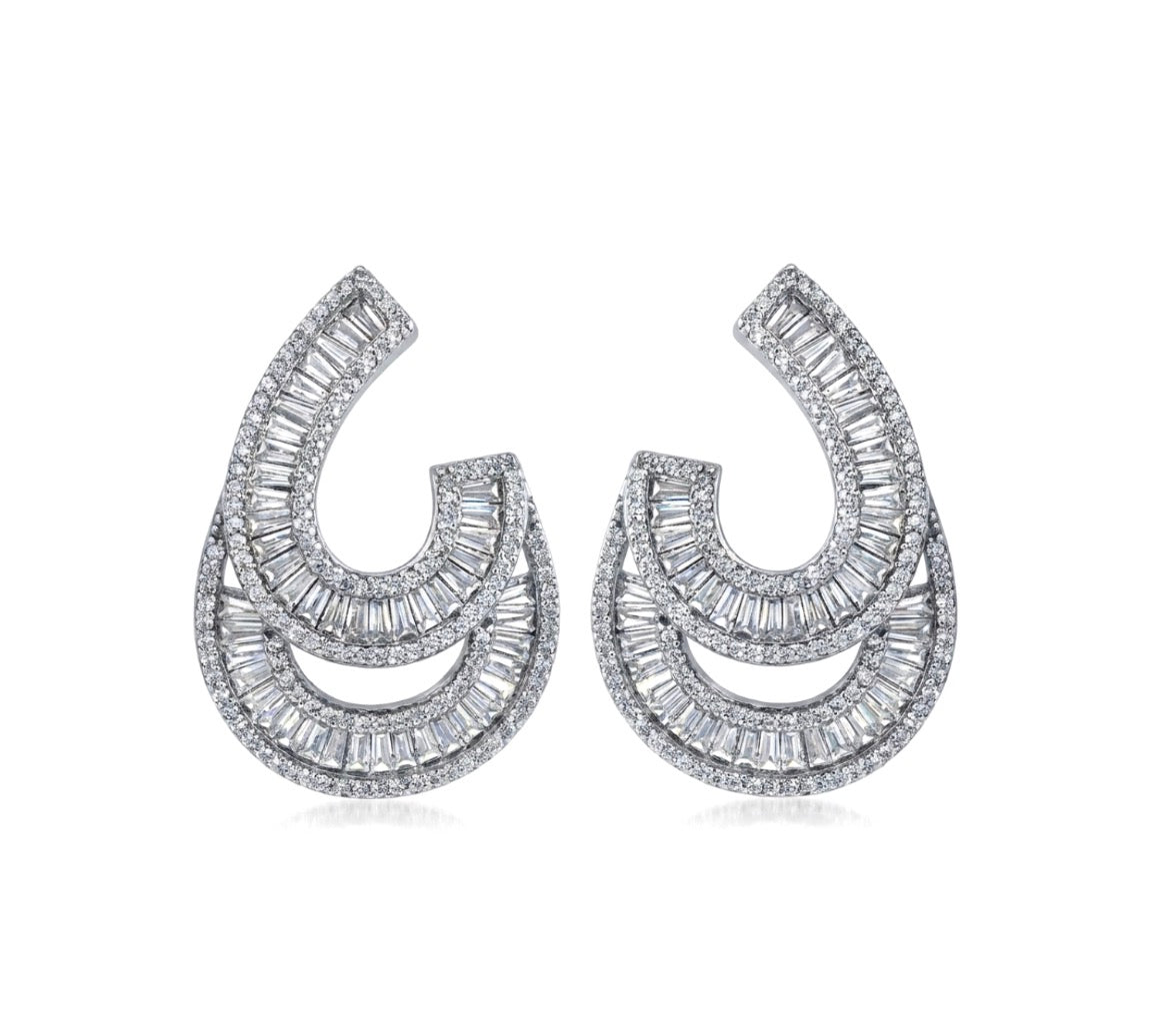 Sterling Silver Crescent Baguette Cut Cubic Zirconia Earrings