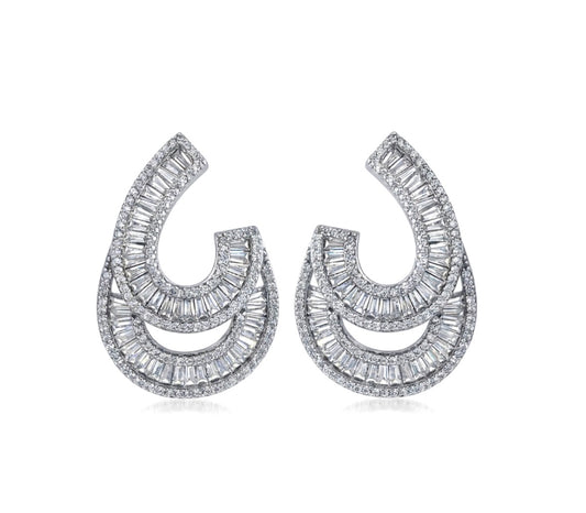 Sterling Silver Crescent Baguette Cut Cubic Zirconia Earrings