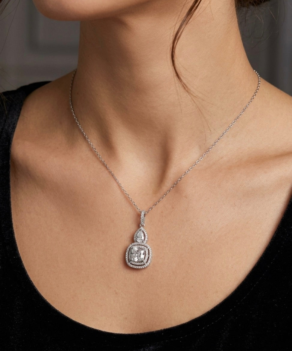 Sterling Silver Multi- cut double Halo  Necklace