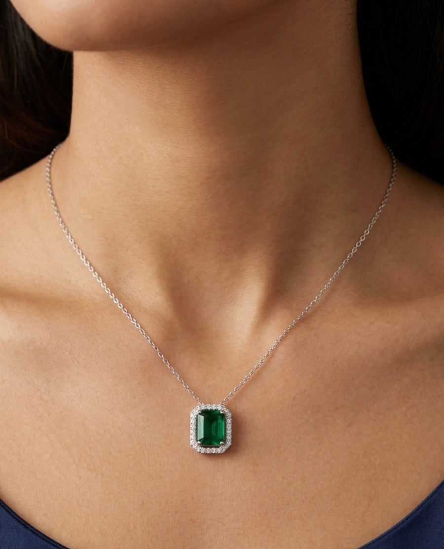 Sterling Silver Emerald Halo Necklace