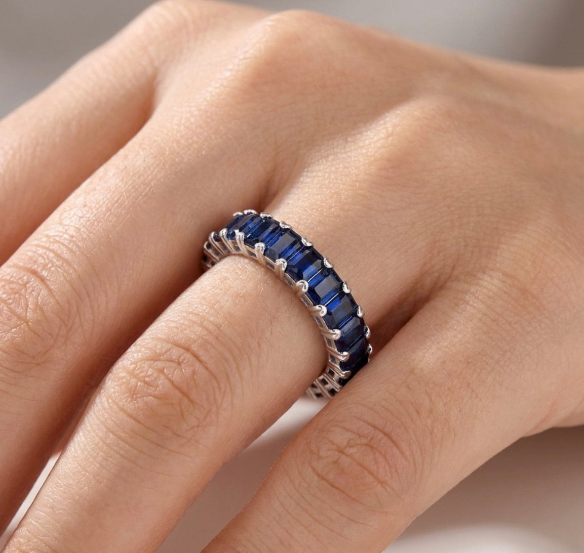 Sterling Silver Emerald-cut Sapphire Eternity Ladies Band
