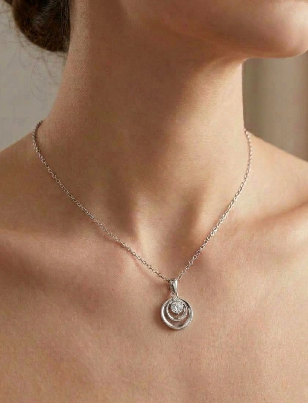 Sterling Silver Triple Ring Cubic Zirconia Necklace