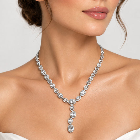 Sterling Silver  Cubic Zirconia Y Drop Necklace