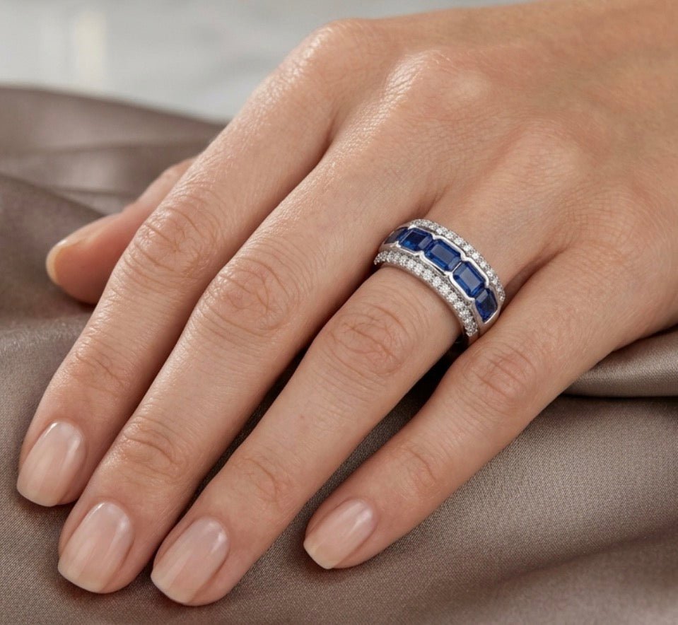 Sterling Silver Sapphire Wide Ladies Band
