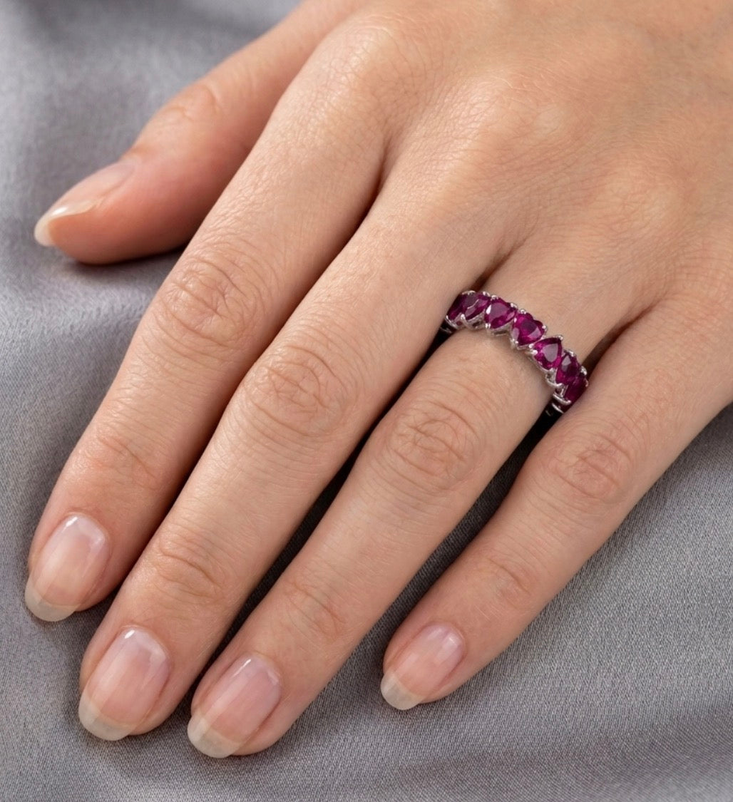 Sterling Silver Heart-cut  Ruby Eternity Ladies Band