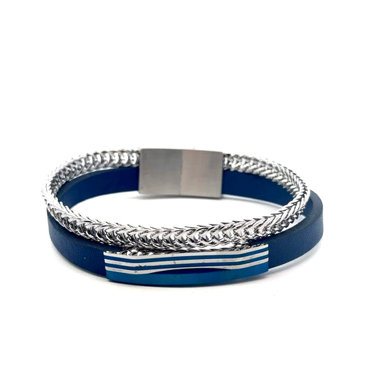 Blue Multi String Leather with Stainless Steel Accent Center Piece Bracelet