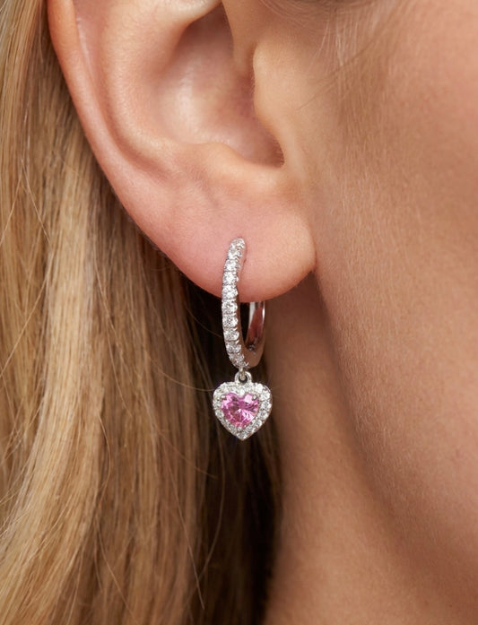 Sterling Silver Pink Topaz Heart Shaped Huggie Earrings