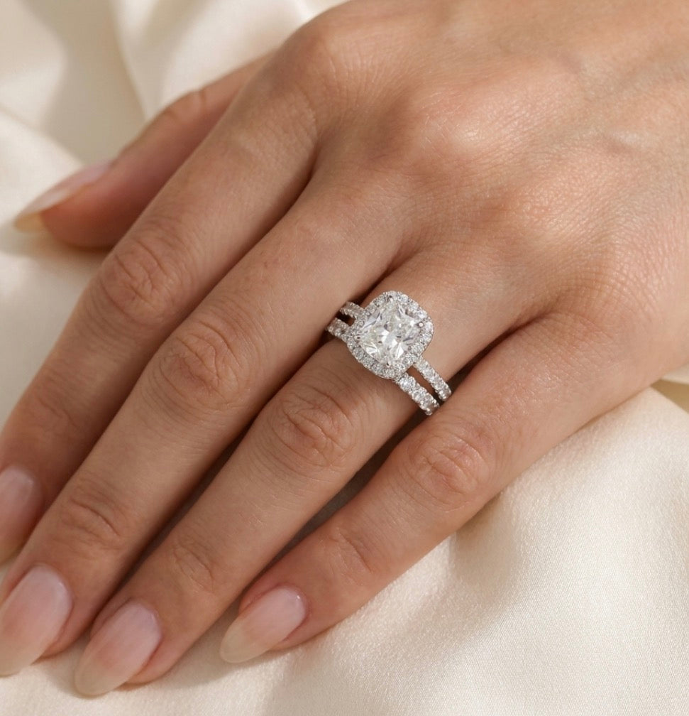 Sterling Silver Cushion Cut Wedding Band Set