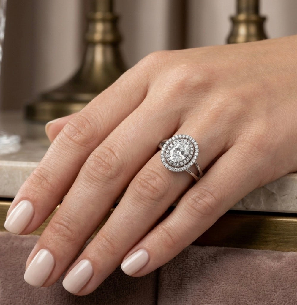 Sterling Silver Oval Double Halo Ring