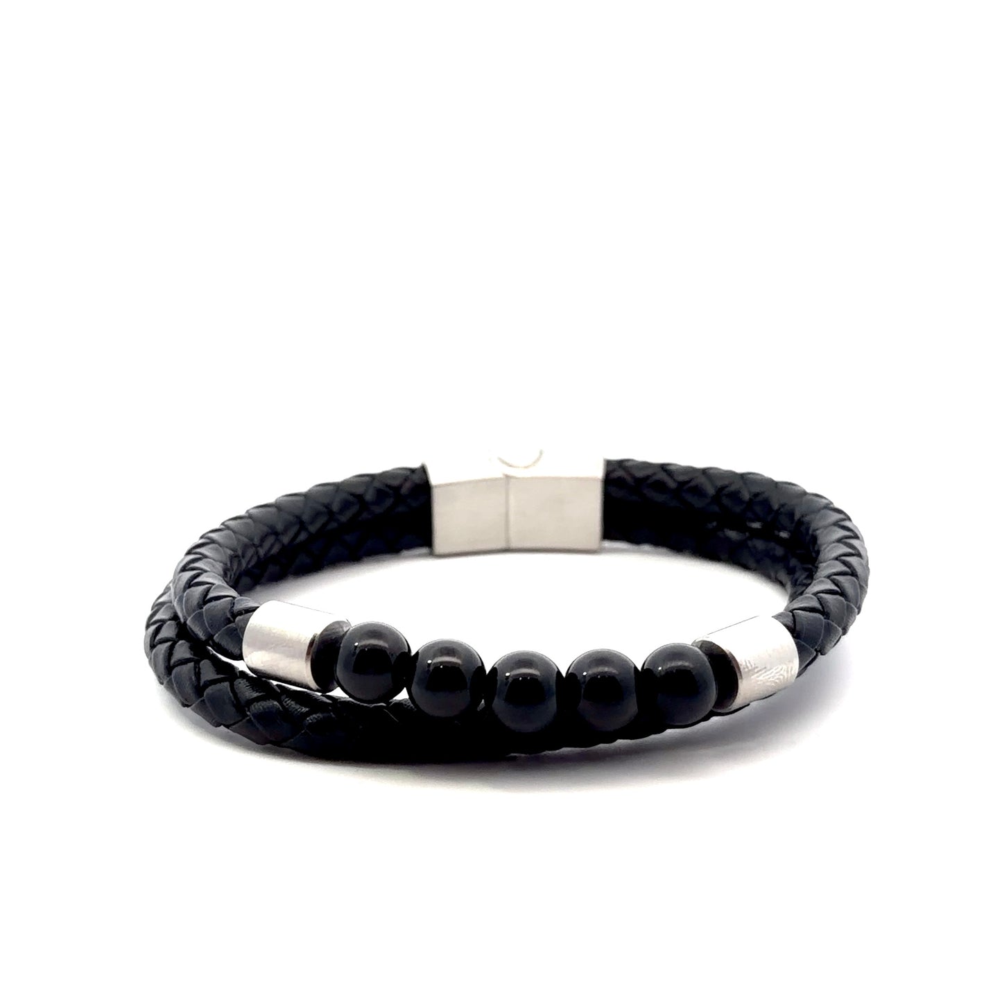 Black Multi String Braided Leather & Stainless Steel Bracelet with Onyx Beads