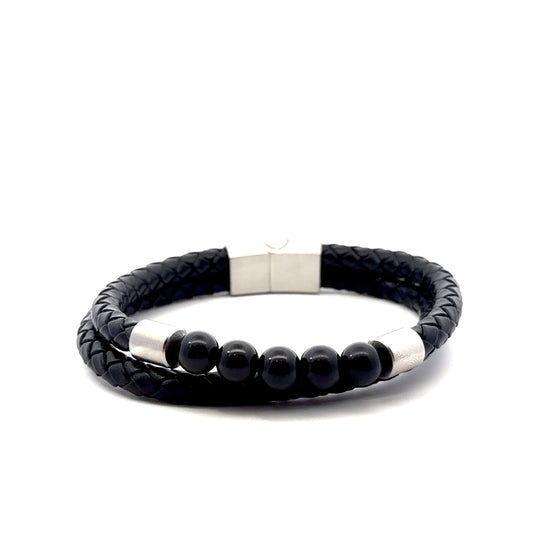 Black Multi String Braided Leather & Stainless Steel Bracelet with Onyx Beads