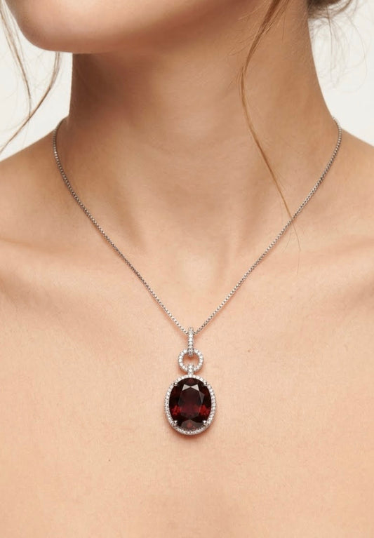 Sterling Silver Cubic Zirconia Oval Cut Garnet Necklace