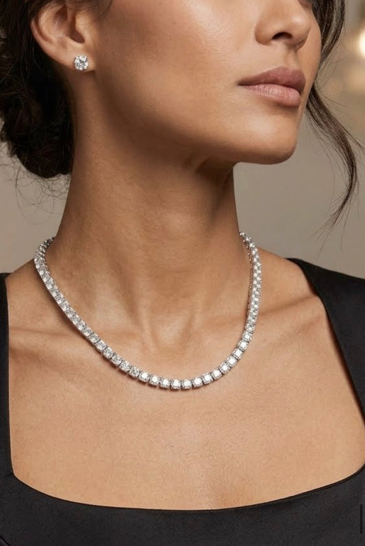 Sterling Silver Tennis Necklace with 5MM round Cubic Zirconia Stones, Measuring 18"