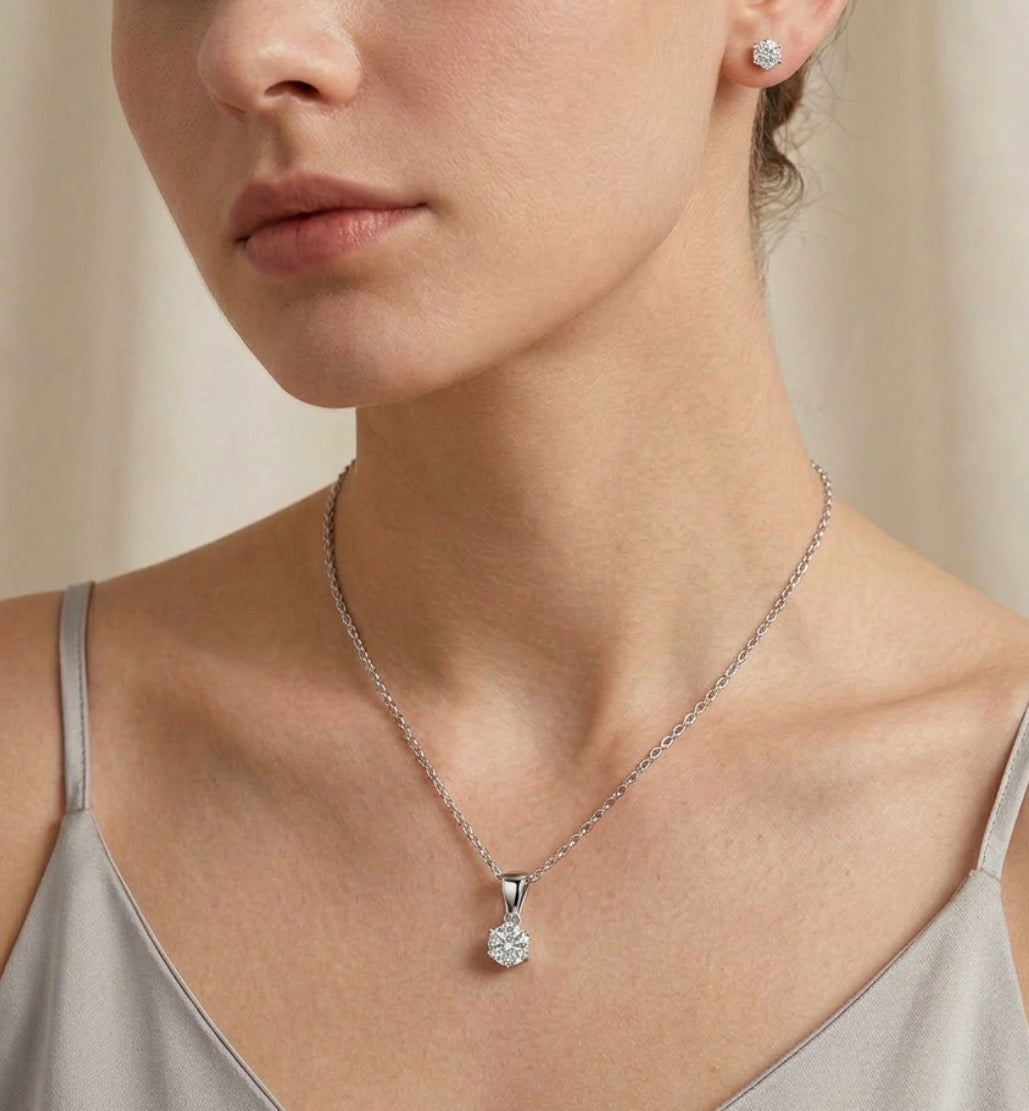 Sterling Silver Solitaire Necklace & Stud Earring Set